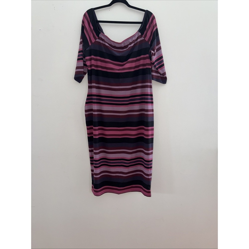 LANE BRYANT STRIPED OFF THE SHOULDER 3/4 SLEEVE RIBBED BODYCON MIDI DRESS‎ 22/24